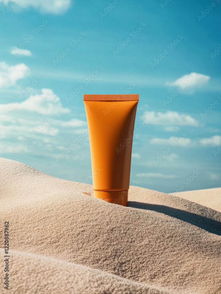 Bright orange skincare tube resting on sandy beach under a clear blue sky with fluffy clouds during daylight hours Bright orange skincare tube resting on sandy beach under a clear blue sky with fluffy clouds during daylight hours