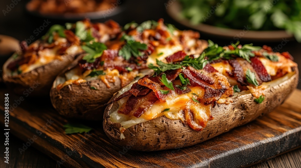 A tempting platter featuring loaded baked potatoes topped generously with gooey cheese and crispy bacon, ideal for gatherings and family feasts, bursting with flavor. A tempting platter featuring loaded baked potatoes topped generously with gooey cheese and crispy bacon, ideal for gatherings and family feasts, bursting with flavor.