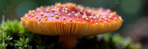 Fungal gills on Mycena inclinata underside surface, mycology, insectivorous photo