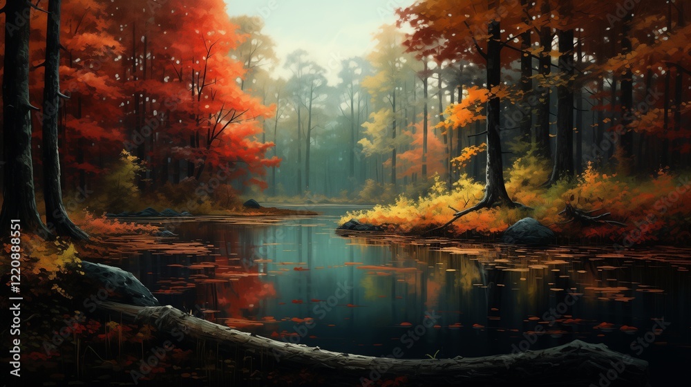 A quiet pond in a fall forest, surrounded by colorful leaves. A quiet pond in a fall forest, surrounded by colorful leaves.