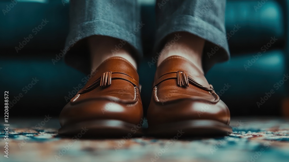 A grounded perspective showcasing stylish brown tassel loafers on an ornate carpet, signifying sophistication and attention to elegance in footwear choices. A grounded perspective showcasing stylish brown tassel loafers on an ornate carpet, signifying sophistication and attention to elegance in footwear choices.