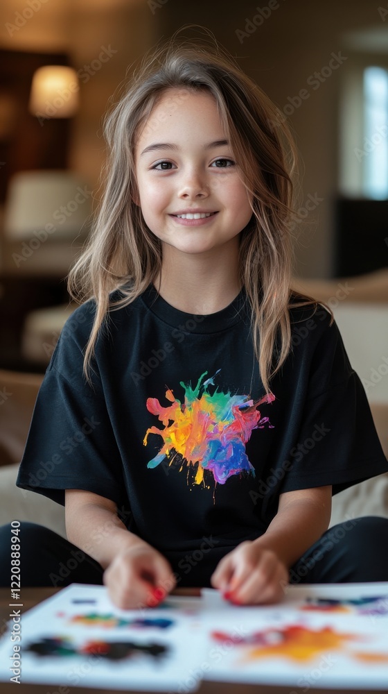 Fototapeta premium Young girl enjoys creative painting at home on a cozy afternoon with colorful artwork and a smile