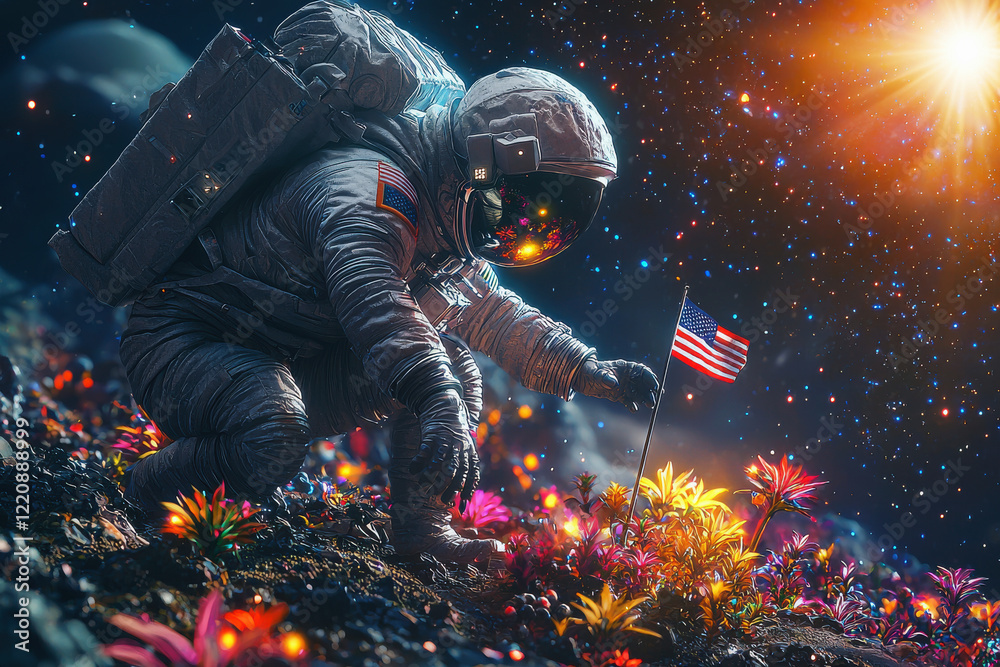 Fototapeta premium Astronaut plants flag on distant exoplanet surrounded by glowing alien flora under brilliant star
