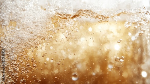 A mesmerizing close-up of a bubbling gold liquid, accentuated by sparkling highlights, capturing the essence of celebration and enjoyment associated with festive beverages. photo