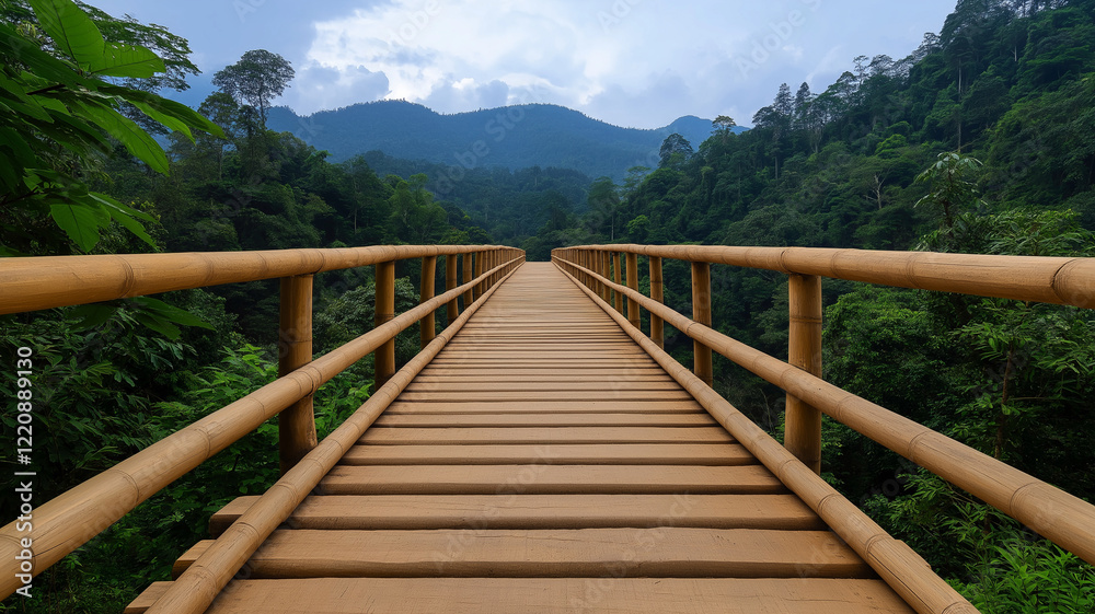 modern bamboo bridge stretches across lush greenery, surrounded by mountains and cloudy sky, creating serene and tranquil atmosphere modern bamboo bridge stretches across lush greenery, surrounded by mountains and cloudy sky, creating serene and tranquil atmosphere