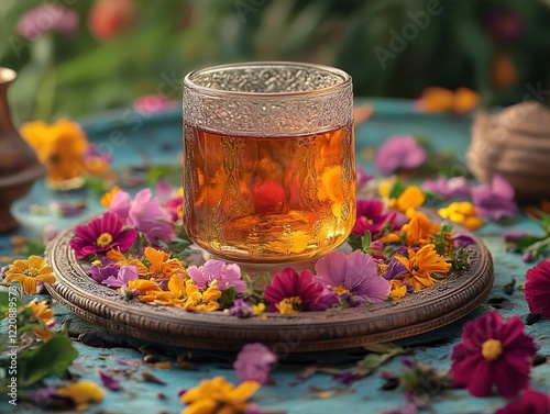 Herbal tea in glass on tray with flowers in garden setting photo