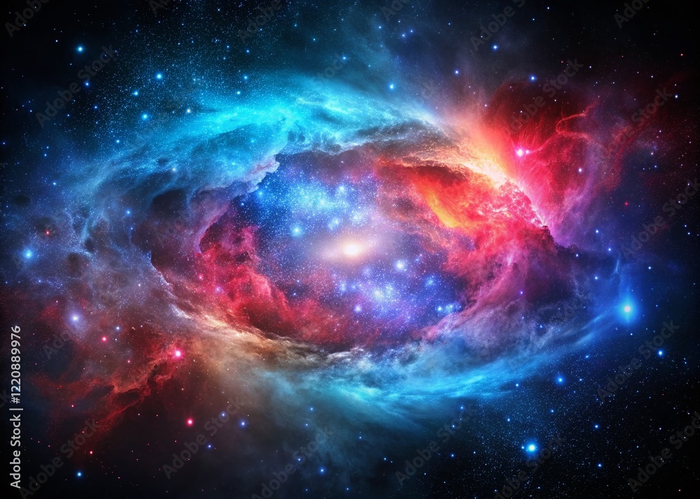 Naklejka premium Celestial Nebula: Gradation of Blue, Magenta, and Red in Deep Space - 3D Render
