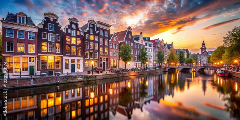 Fototapeta premium Charming Amsterdam Canal Houses with Bokeh, Romantic Evening Glow