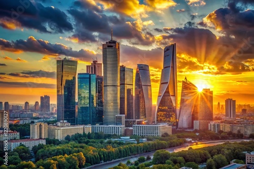 Moscow Sunset: Skyscrapers Glowing in Twilight
