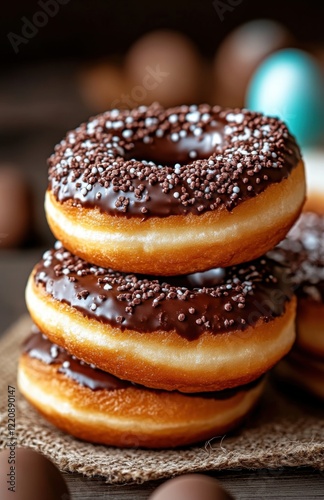 Delicious chocolate donuts stacked on burlap background surrounded by chocolate eggs and colorful decorations