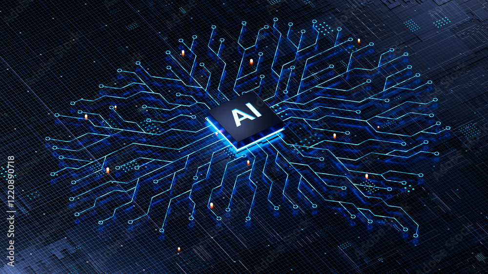 AI chip on a circuit board. Symbolizes technological advancement and artificial intelligence integration. 3d rendering, conceptual image.