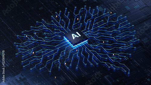 Obraz na płótnie AI chip on a circuit board. Symbolizes technological advancement and artificial intelligence integration. 3d rendering, conceptual image. w salonie