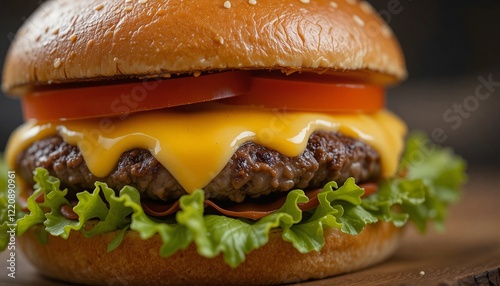 A close-up of a fresh, juicy burger with melted cheese, lettuce, and tomato. professional ocmposition with copy space for text. photo