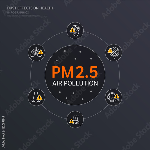 Air pollution PM 2.5 surrounded by icon organ heart lung brain eye nose skin with exclamation mark sign. Dust effects on health infographics. Vector EPS10.