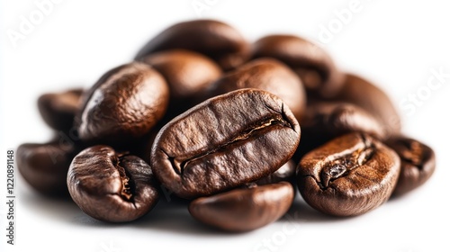 A close-up view of roasted coffee beans piled together, showcasing their shiny, dark brown surface and unique individual shapes, perfect for coffee lovers and connoisseurs alike. photo