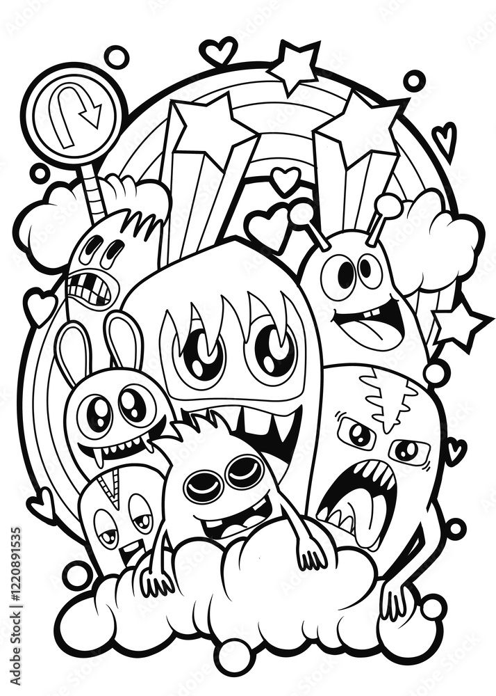 Fototapeta premium Hand-drawn illustrations, monsters doodle, Hand Drawn cartoon monster illustration,Cartoon crowd doodle hand-drawn Doodle style.black and white stripes coloring book.