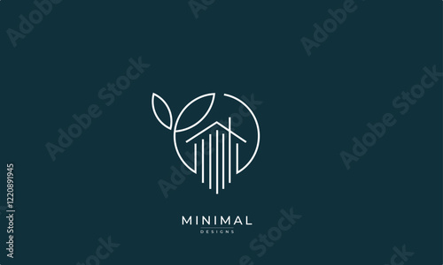 A line art icon logo of a house / home with a leaf circle	
