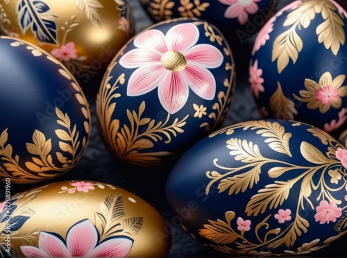 Beautifully painted decorative eggs with floral designs on dark backgrounds for a spring celebration photo