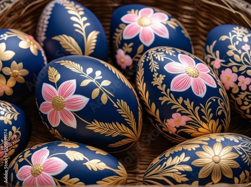 Decorative eggs with floral designs in a woven basket perfect for spring celebrations and festive decorations photo