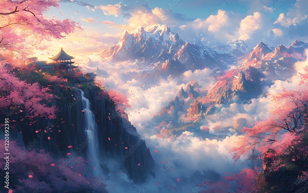 Asian Mountain Sunset Waterfall Painting