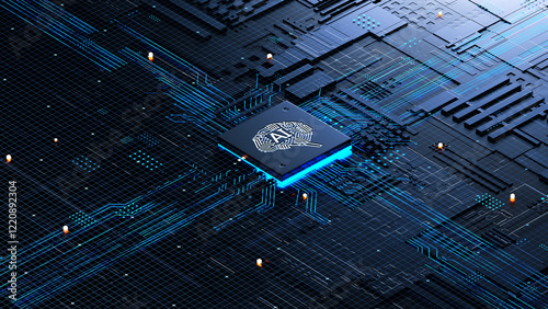 AI chip on a circuit board. Symbolizes technological advancement and artificial intelligence integration. 3d rendering, conceptual image.