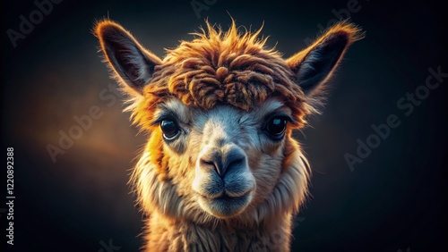 Close-Up Alpaca Portrait, Low Light Photography, Soft Focus, Andean Animal photo