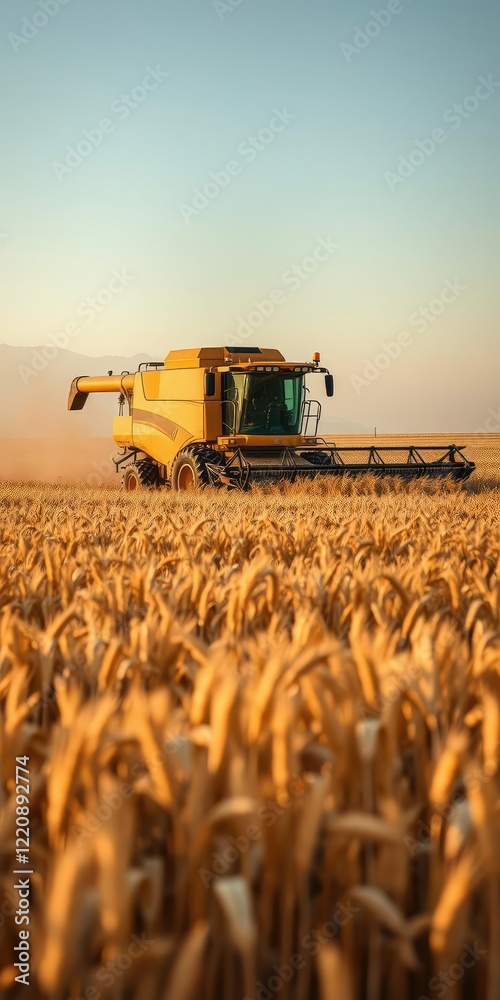 Obraz premium A combine harvester in a golden wheat field during harvest season, harvest season, crop harvesting
