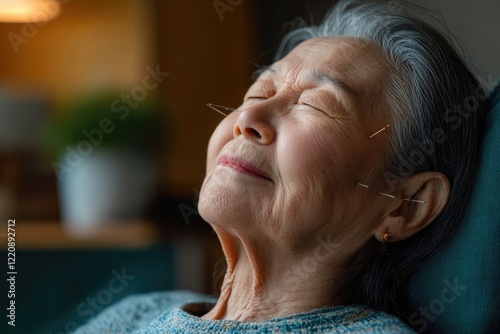 Elderly woman receiving acupuncture treatment, needles inserted in face, eyes closed, peaceful expression. photo