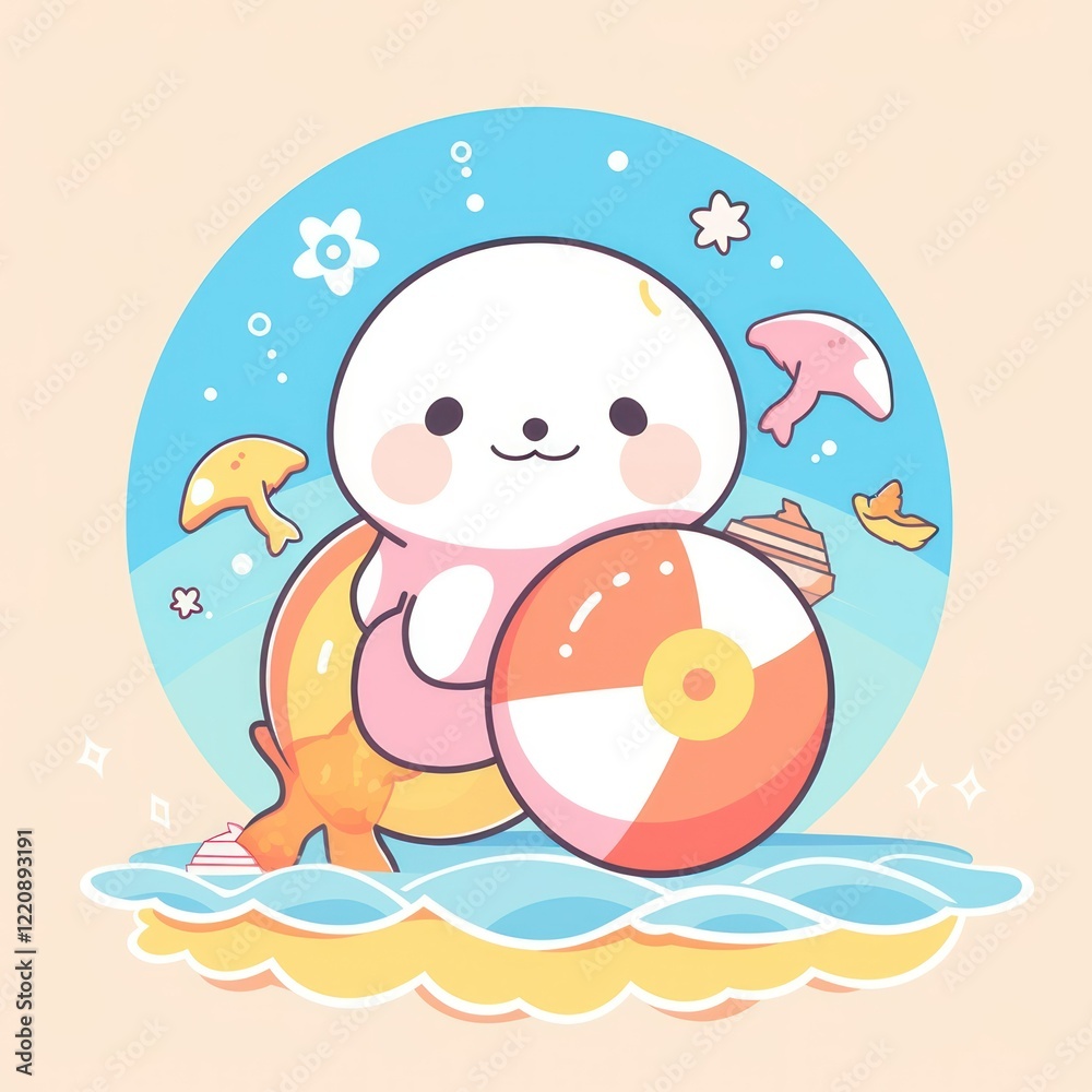 Cute seal character with a beach ball and floaty ready for summer fun with sea creatures Cute seal character with a beach ball and floaty ready for summer fun with sea creatures