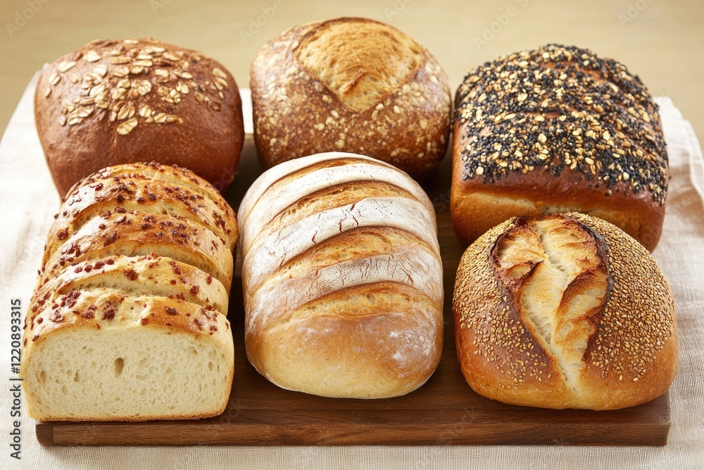 Assortment of six artisan loaves of bread, including oat, seeded, and sourdough varieties. Assortment of six artisan loaves of bread, including oat, seeded, and sourdough varieties.