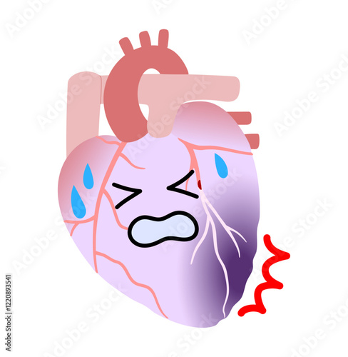 血栓で冠動脈が詰まり心筋梗塞を起こした苦しそうな心臓のイラスト