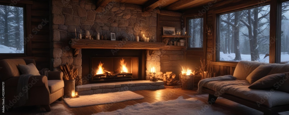 A crackling fireplace in a rustic cabin on a snowy winter evening, calm atmosphere, quiet moment