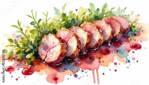 Duck breast with red wine sauce in watercolor version