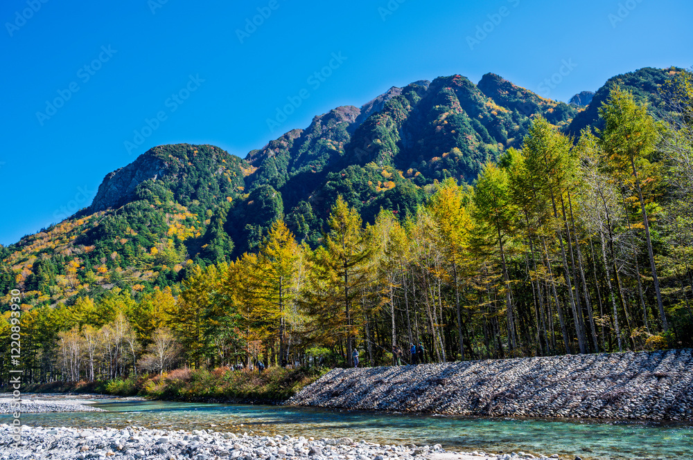 Autumn season of Kamikochi, Chubu-Sangaku National Park, Japan Beautiful mountain, Nature landscape at Kamikochi Japan, autumn in the Northern Japan Alps, Matsumoto, Nagano, Japan