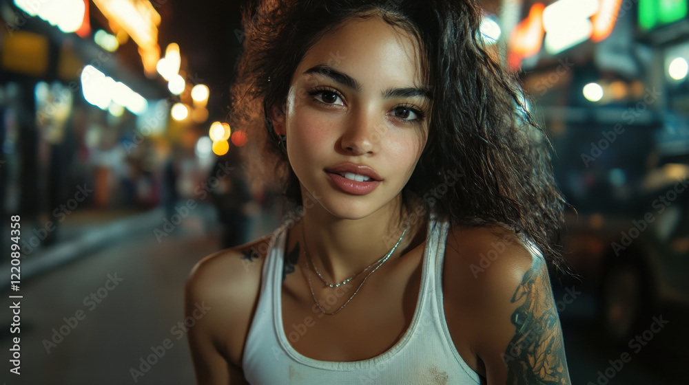Obraz premium Portrait of a young woman in an urban environment showcasing vibrant nightlife and local culture during the evening hours