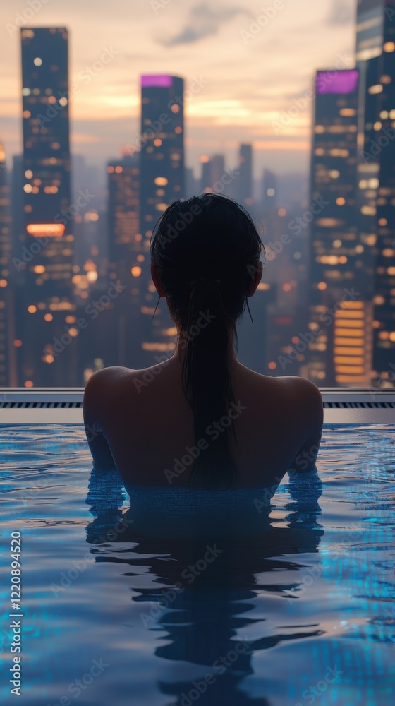 Relaxation by the rooftop pool at sunset with a breathtaking city skyline as the backdrop Relaxation by the rooftop pool at sunset with a breathtaking city skyline as the backdrop