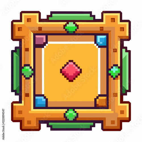 Colorful Pixel Art Gaming Icon with Geometric Design and Jewel Center