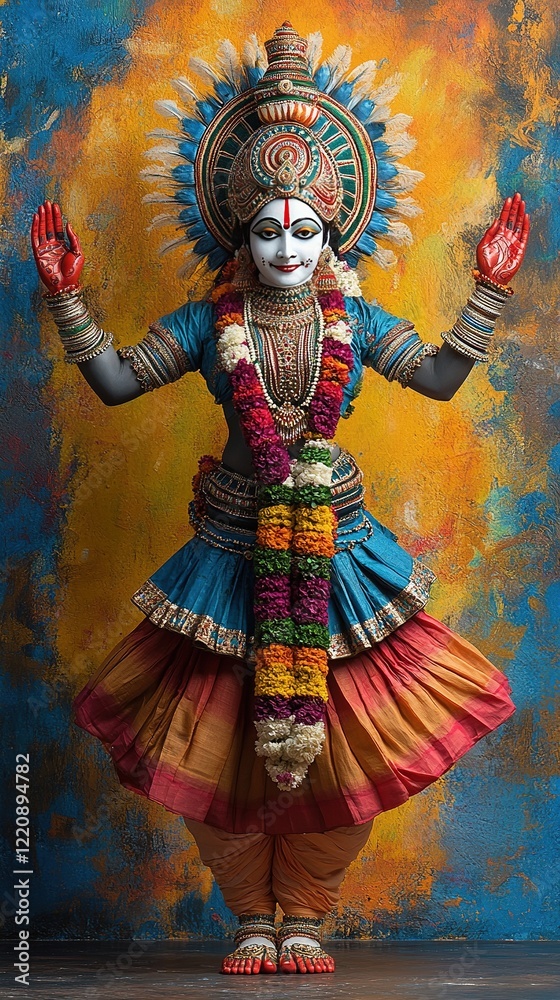 Fototapeta premium Indian dancer in traditional costume performing against a vibrant backdrop