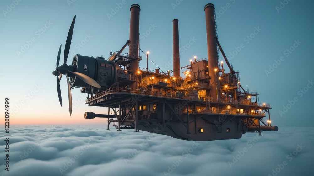 Fototapeta premium Steampunk Factory Rising Above Clouds with Vintage Machinery