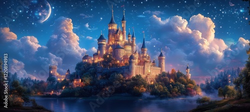 Fantasy dream castle with majestic evening sunset nature landscape background. Generative AI technology.	
