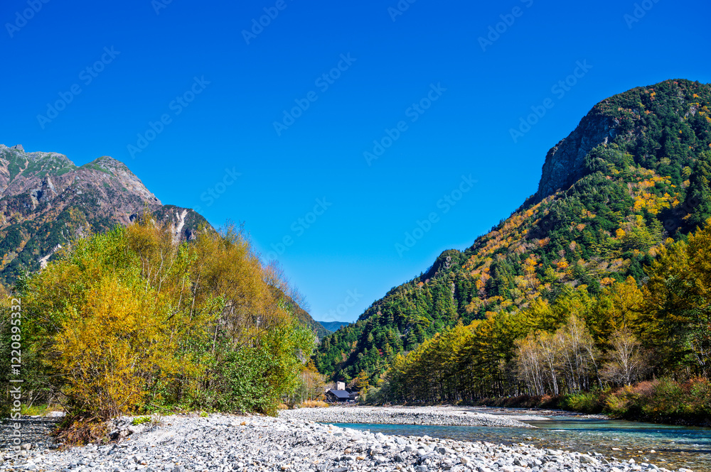 Autumn season of Kamikochi, Chubu-Sangaku National Park, Japan Beautiful mountain, Nature landscape at Kamikochi Japan, autumn in the Northern Japan Alps, Matsumoto, Nagano, Japan