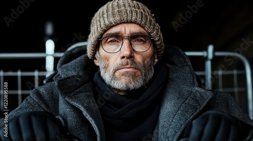 A serious man wearing a warm beanie looks intensely at the camera, revealing depth and emotion, ideal for themes of contemplation, resilience, and human experience in a rugged setting. photo