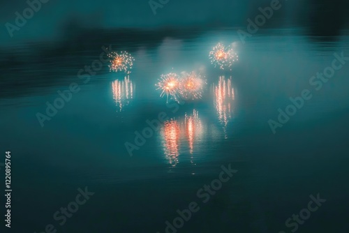 Fireworks explode over dark water, their reflections shimmering beautifully. photo