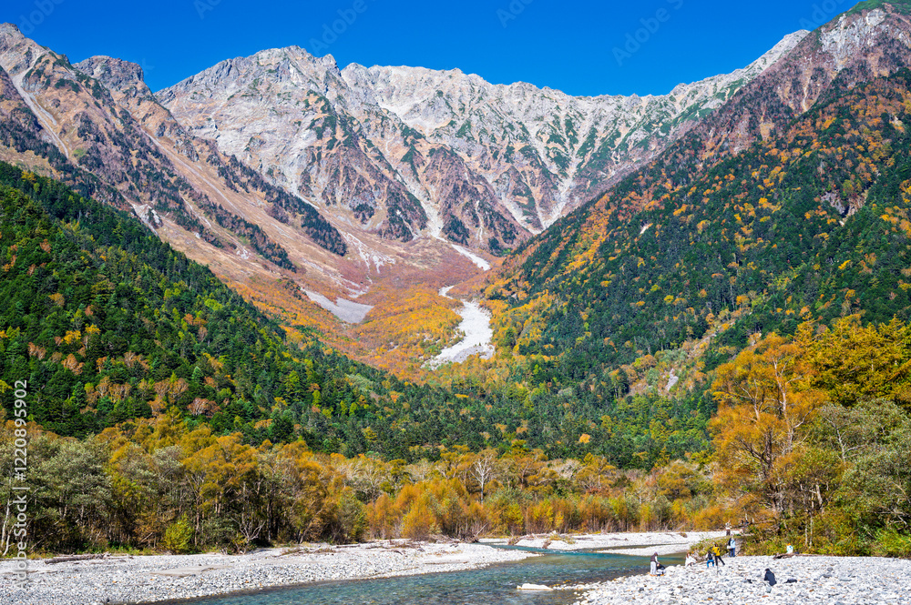 Autumn season of Kamikochi, Chubu-Sangaku National Park, Japan Beautiful mountain, Nature landscape at Kamikochi Japan, autumn in the Northern Japan Alps, Matsumoto, Nagano, Japan