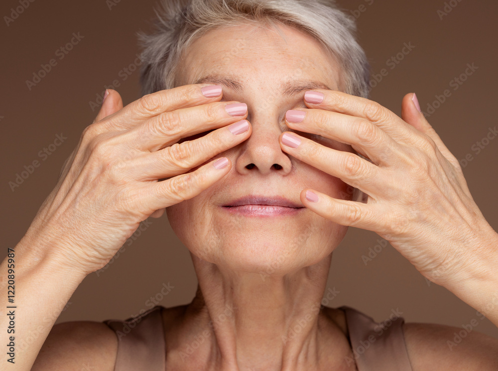 Gorgeous happy mature woman, senior older 60 year lady looking at camera touching her face over brown background. Gorgeous happy mature woman, senior older 60 year lady looking at camera touching her face over brown background.