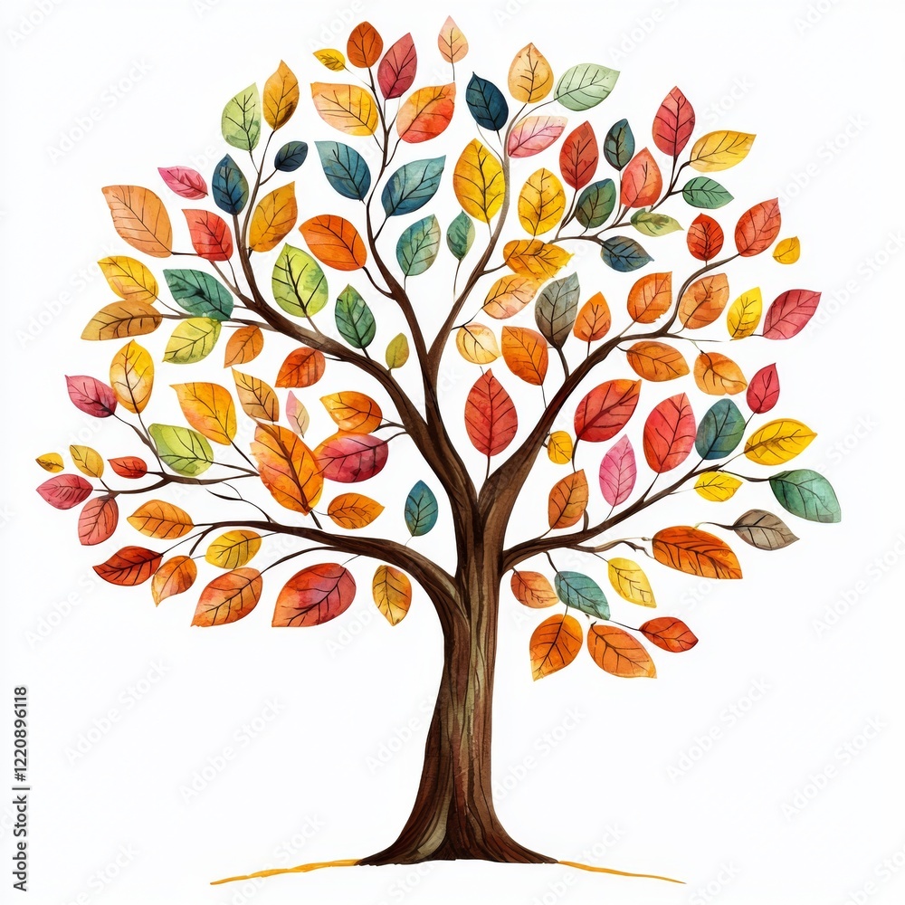 Obraz premium Beautiful Autumn Tree with Colorful Leaves in Vibrant Shades of Red, Orange, Yellow, and Green on White Background