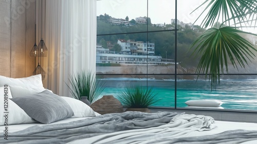 A bedroom with a large panoramic window and beautiful bed in white. From the window sea view and palm tree.