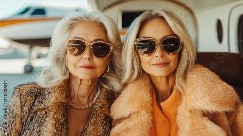 A glamorous portrait of two elegant senior women wearing sunglasses, confidently posing in front of a private jet, embodying luxury, style, and timeless beauty in travel. photo