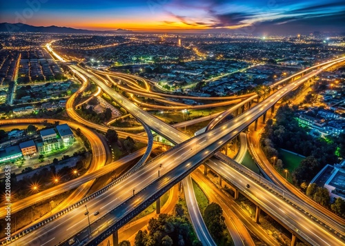 Night Aerial View of Los Angeles Freeway, Southern California, USA - 4K UHD Stock Photo