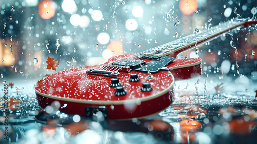 Red Electric Guitar in the Rain A Melancholic Autumn Night Scene